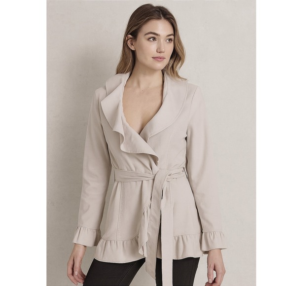 INC International Concepts Ruffle Trench Coat Belted Cream Jacket-L - Picture 1 of 14